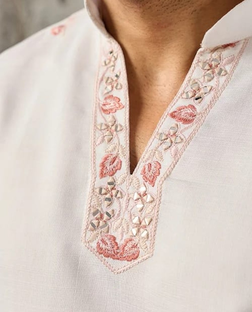 WHITE - Premium Designer White Mirror Work Koti Kurta Set for Men's Wear